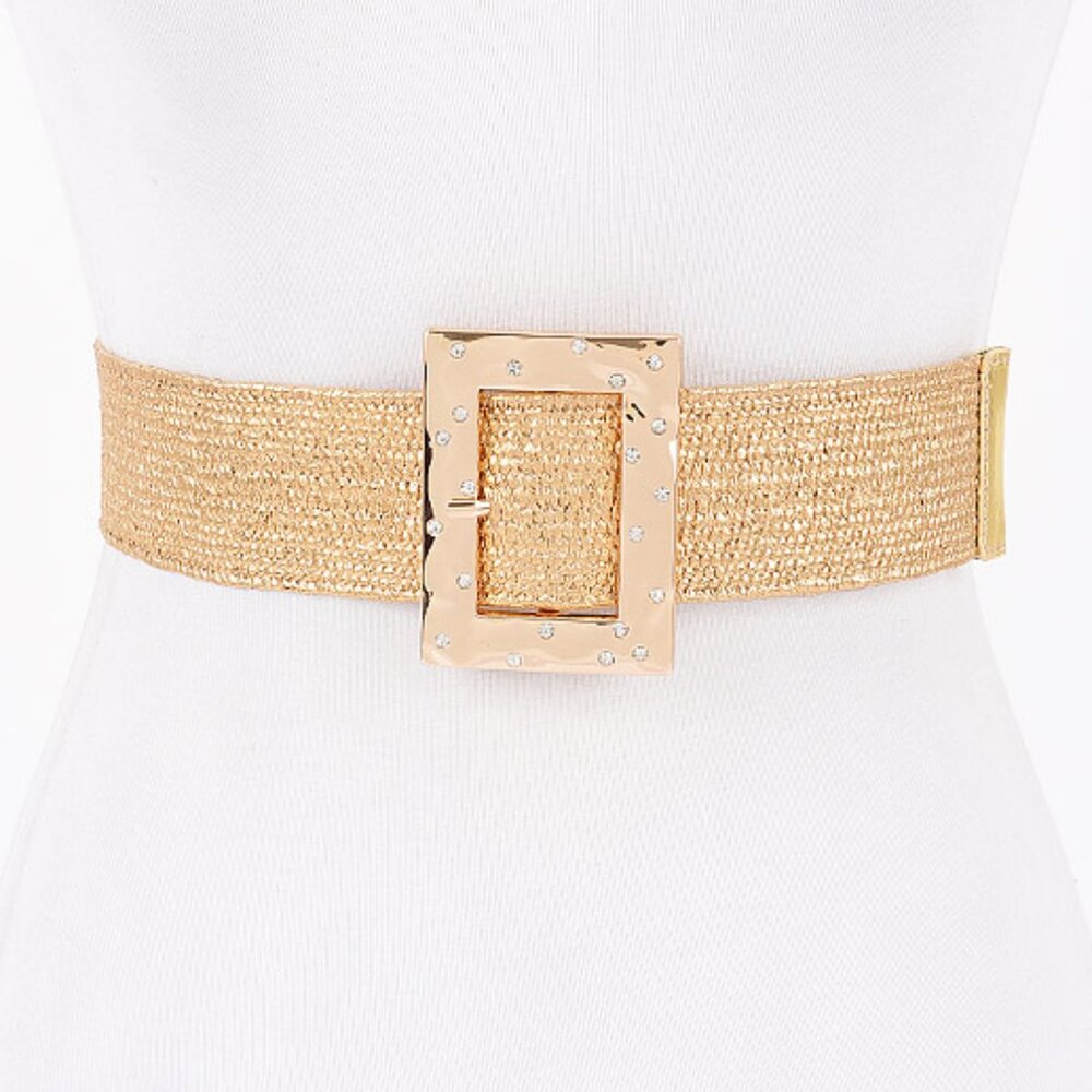 BNWT Rhinestone Buckle Metallic Gold Coated Faux Straw Elastic Belt Stretch Belt